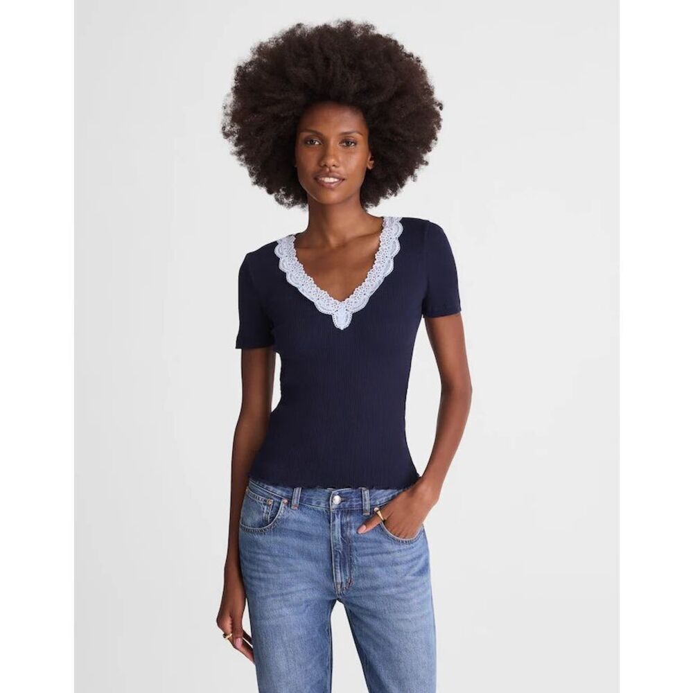Madewell Lace Trim V-Neck Top Midnight Navy Size XL